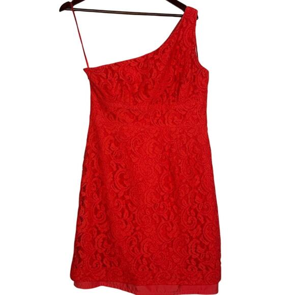 J. Crew Alexa One Shoulder Style Texture Laced Mini Dress Back Slit 12 Poppy Red - Picture 2 of 16